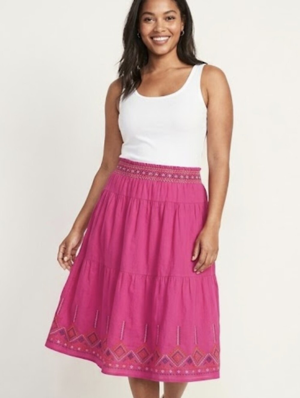 Old Navy Hot Pink Embroidered Smocked Midi Skirt L 100% Cotton Boho Geometric